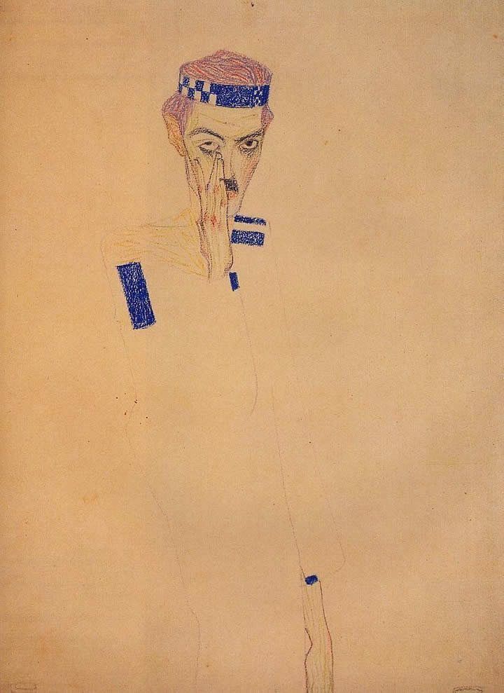 Egon Schiele Man with Blue Headband and Hand on Cheek